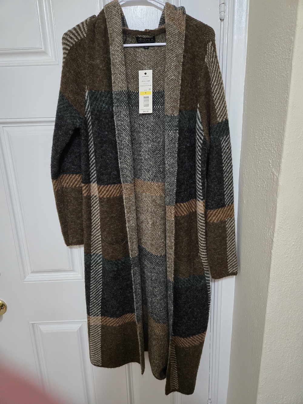 Joseph A Long Hooded Plaid Cardigan in Brown, Gray, Green